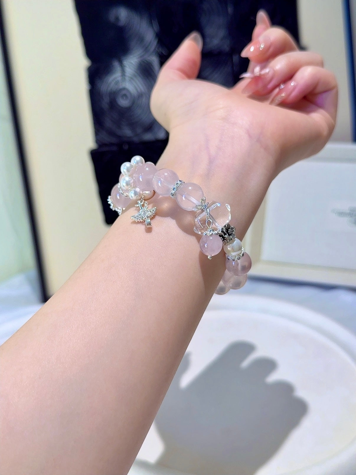 ▫️▪️ Ghost Box White Crystal Double-Tip Pink Quartz Bracelet